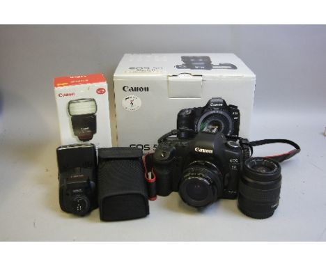A BOXED CANON EOS 5D MK2 DIGITAL SLR CAMERA, fitted with an EF 28mm 1:2.8 lens, a EF Zoom 35-80mm 1:4 lens, a 430EX flash in 