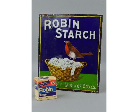 AN ENAMEL ADVERTISING SIGN, ROBIN STARCH, white lettering on blue and green background with image of Robin standing on a wash