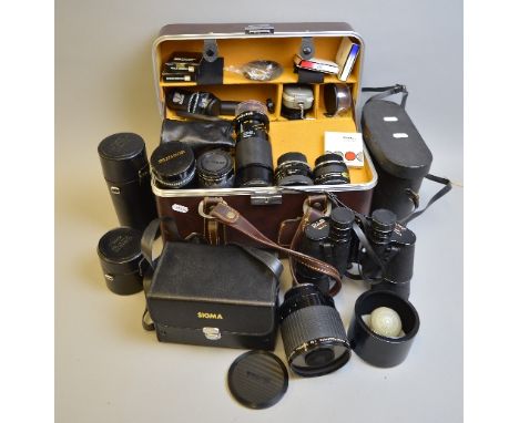 A CAMERA BAG AND A BOX OF OLYMPUS FIT CAMERA AND OPTICAL EQUIPMENT, including a Sigma 400mm 1:3.8 mirror lens in case, a Tamr