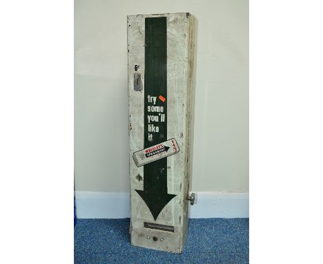 A WRIGLEYS SPEARMINT GUM WALL MOUNTED VENDING MACHINE, c.1960's (6d in the slot), red, green and white lettering with packet 