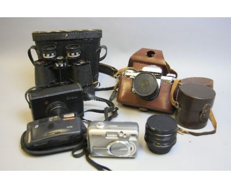 A SMALL BOX OF CAMERAS AND BINOCULARS, including a Edixa Prismaflex SLR fitted with an Iscotar 50mm 1:2.8 lens, an Aico 28mm 