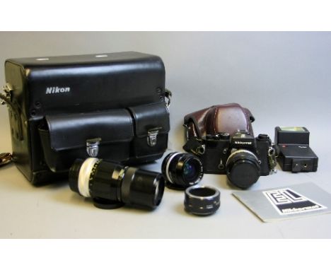 A NIKKOTMAT EL BLACK SLR CAMERA, fitted with a Micro-Nikkor P Auto 55mm 1:3.5 lens, a Nikon M2 extension tube, a Nikkor-NC Au