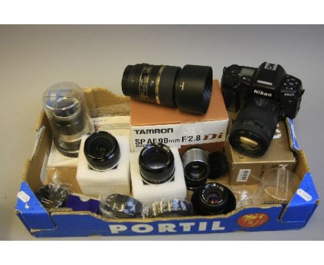 A TRAY OF NIKON AND NIKON FIT CAMERAS AND LENSES, including a F90X film camera fitted with a Sigma 70-210mm 1:4 lens, a boxed