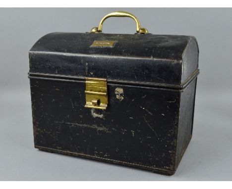 A TIN DOME TOP HAND TRUNK, early 20th Century, brass fittings and plaque marked 'H. Newton' to top, black painted exterior on
