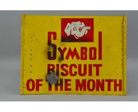 A DOUBLE SIDED ENAMEL ADVERTISING SIGN, 'Symbol Biscuit of the Month', red lettering and logo on yellow background, some pain