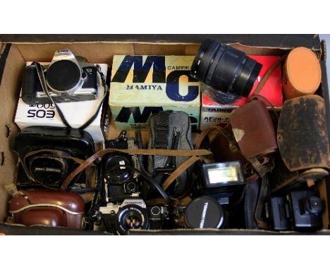 TWO TRAYS OF CAMERAS AND EQUIPMENT, including a Canon EOS 500N body in box, two Olympus OM10 bodies, an Om50mm 1:1.8, a Rank 