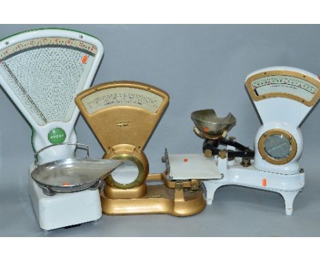 THREE SETS OF SHOP SCALES, W & T Avery, H. Jackson, Stockport and the other unmarked but could well be Jackson again, all wit