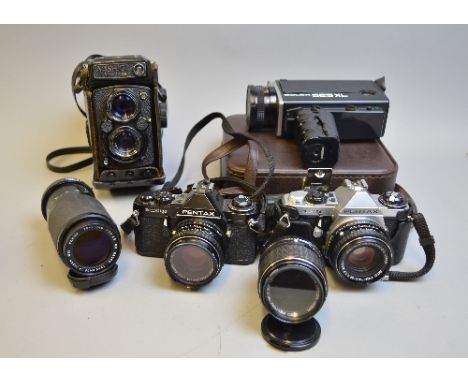 A YASHICA MAT 124G TLR CAMERA, a chrome Pentax ME Super, 2 SMC M 50mm 1:1.7, a SMC M 135mm 1:3.5, a Cosina 70-210mm 1:4.5 Tel