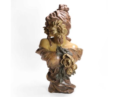 A Goldscheider terracotta bust, c.1900, 'Ranke', designed by Cherc for Goldscheider, modelled as a maiden with flowers in her