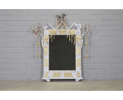 ▲ Ralph Adron (1939-2023) an elaborate wall mirror, 1994, surmounted by three pierced triangular cornices, the sides mounted 