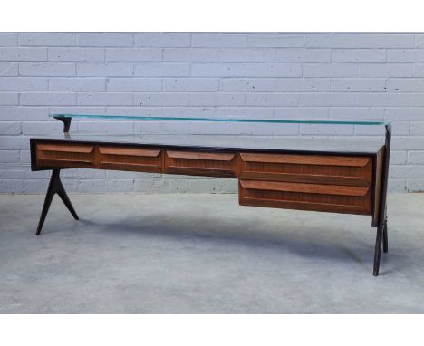 Vittorio Dassi (Italian, 1893-1973), an Italian walnut console table, 1950s, with a glass shelf with acid etched detailing ov