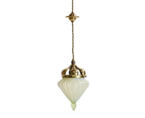 A WAS Benson brass and straw opalescent glass ceiling light, c.1900, the six-division fitting supporting a James Powell &amp;