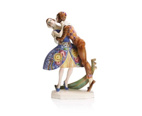 An Austrian Goldscheider porcelain figure group, c.1928, 'Lovers at the Gondola' or 'Harlequin and Concubine', designed by Ma