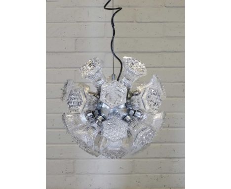An Italian 'sputnik' chandelier, 1970s, the chromed spherical body with protruding moulded Murano glass shades, 55cm diameter