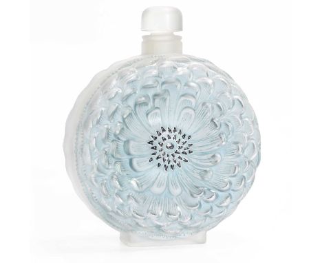 René Lalique (French, 1860-1945), a 'Dahlia' scent bottle, No. 615, designed in 1931, of circular form, stained and relief-mo