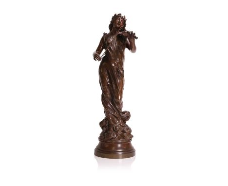 Jean Garnier (French, 1820-1895), a patinated bronze figure emblematic of music, wearing a laurel crown and classical robes, 