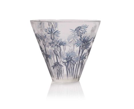 René Lalique (French, 1860-1945), a 'Bluets' vase, No. 909, designed in 1914, with stained glass, impressed 'R LALIQUE',16cm 