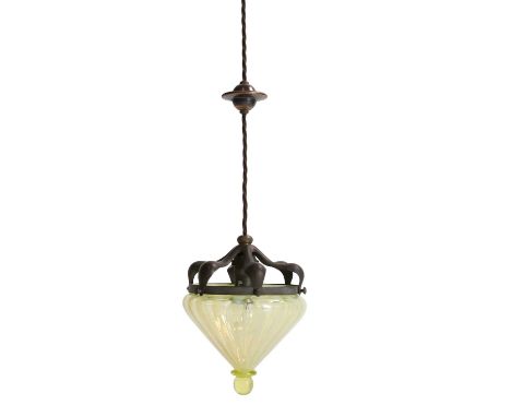 A WAS Benson copper ceiling light, c.1900, with a six-division fitting, stamped 'Rd' number, supporting a James Powell &amp; 