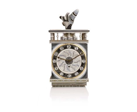 ▲ Ralph Adron (1937-2023), a mantel clock, 1996, inspired by Giorgio de Chirico, the painted MDF case decorated in mottled gr