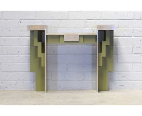 ▲ Max Clendinning (1924-2020), console, 2011, of reverse waterfall form, the wooden frame decorated in olive with silvered de