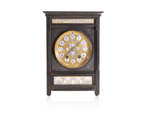 Lewis Foreman Day (1845-1910), an Aesthetic Movement marble and painted mantel clock, with a gilt painted and enamelled potte