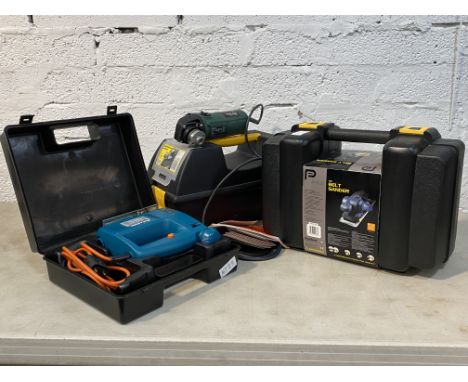 A Bosch angle grinder, together with an angle grinder stand, a Black and Decker scrolling saw and a performance power belt sa