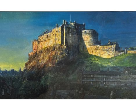 Bob Lees, Summer Evening Light Looking Towards Edinburgh Castle from the Grassmarket, print, paper label verso, silvered glaz