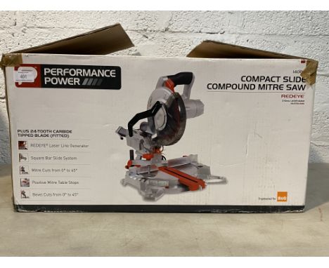 Power tools, A Power Performance compact slide compound mitre saw, in box
