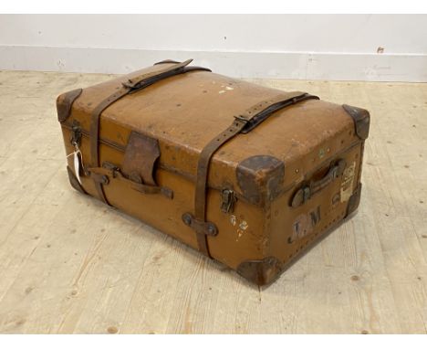 A quality Orient make early 20th century leather and bound travelling trunk, with removable tray to interior, H37cm, W86cm, D