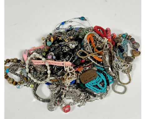 A large collection of bead necklaces, white metal bracelets, Pandora style charm bracelets, fresh water pearl bracelet and ne
