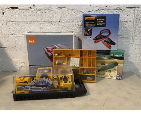 A B&amp;Q 450 watt diamond wheel tile cutter, together with B&amp;Q jumper cables, a cordless multi sander and a compact powe