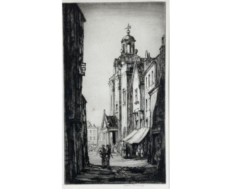 Henry Rushbury KCVO, CBE, RA (British: 1889-1968) City Street with Figures, engraving, signed bottom right in pencil, glazed 