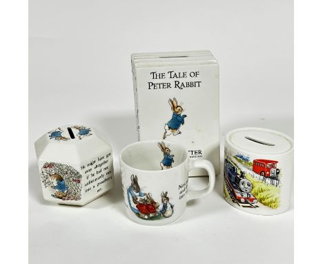 A Beatrix Potter Peter Rabbit story book style money bank, (14cm x 10cm x 9cm) an octagonal Beatrix Potter Benjamin Bunny mon