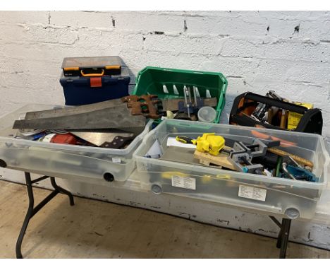 A large quantity of tools, to include a drill press stand, drill, saws, clamps, vices, chisels, etc, together with three boxe