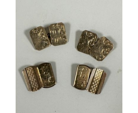 A pair of 9ct gold rectangular engraved sleevelinks with cut corners, with engraved initials DW. to one link and a pair of 9c