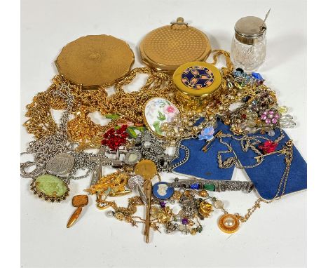 A chromium plated mounted mustard with Birmingham silver spoon, two compacts, five various gilt metal chains, five various ye
