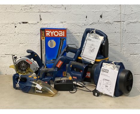 Power Tools, A collection of Ryobi 18V cordless power tools, comprising a reciprocating saw, a circular saw, a jigsaw, a cani