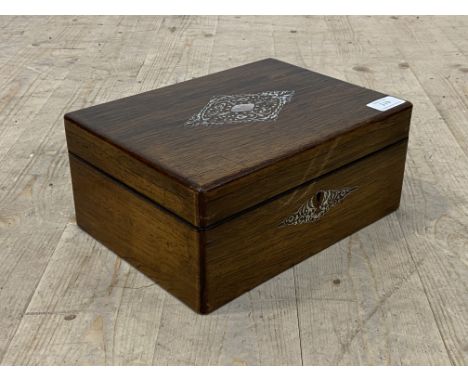 A Victorian rosewood and mother of pearl inlaid sewing box, the floral cotton lined interior containing a quantity of threads