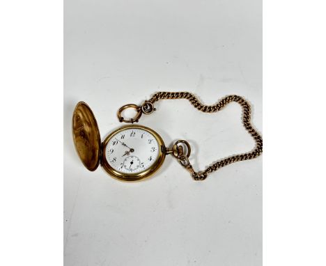 A gold plated full hunter engine turned cased pocket watch with yellow metal albert (d.5cm) with enamelled dial and subsidiar