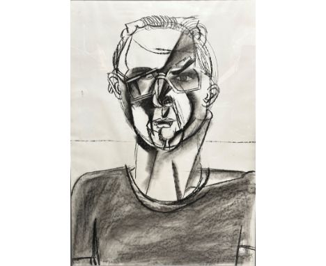 Peter Quinn RWS (Scottish) Portrait of a Young Man with Glasses, charcoal on paper, unsigned, glazed grey painted frame, date