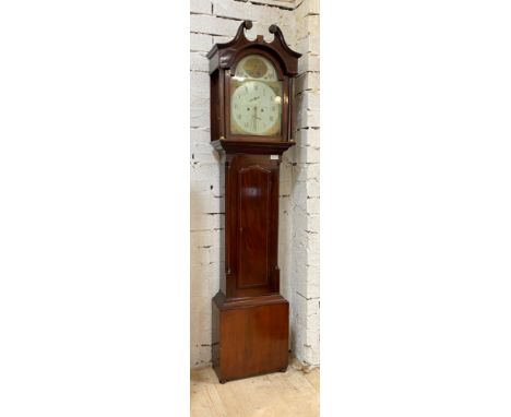 A George III longcase clock, 1805 and later, the boxwood strung hood with swan neck pediment over arched door, plain pilaster