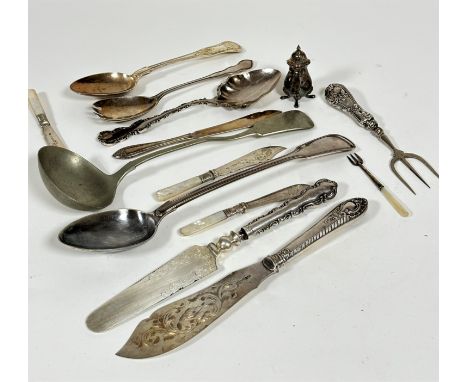 A collection of Epns including a pickle fork, a mother of pearl handled butter knives and butter fork, an Epns handled fish s