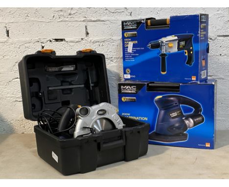 Power tools, A Mac Allister hammer drill, in case, together with a Mac Allister circular saw in case, and a Mac Allister comb