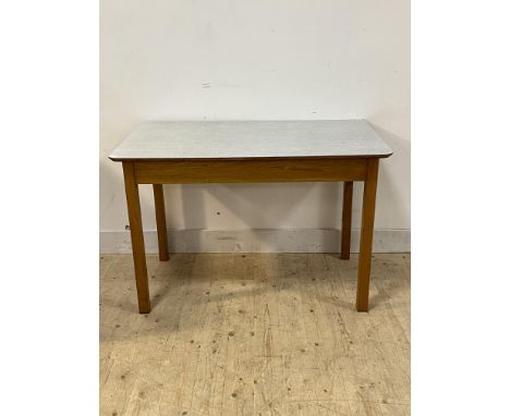 A mid century work console table, the formica top over square section oak supports, H77cm, W117cm, D68cm