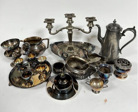 A collection of plated items including a three branch candelabra, (26cm x 27cm), a Britannia Metal coffee pot, (h 25cm) an ep