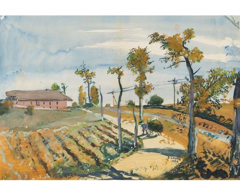 OSKAR LASKE (Czernowitz 1874 - 1951 Wien)Bauer am Heimweg, 1947Gouache/Papier, 34 x 49,2 cmsigniert O. Laske, datiert 1947Pro