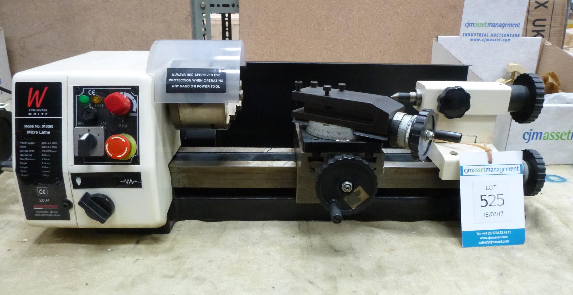 Axminster White Micro Lathe 240V, Model No 010060 and box of tooling