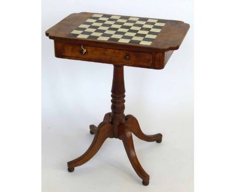 Regency elm games table with an inlaid ivory and ebony chess board top on turned column, width 63cm. x 43cm, height 73cm, squ