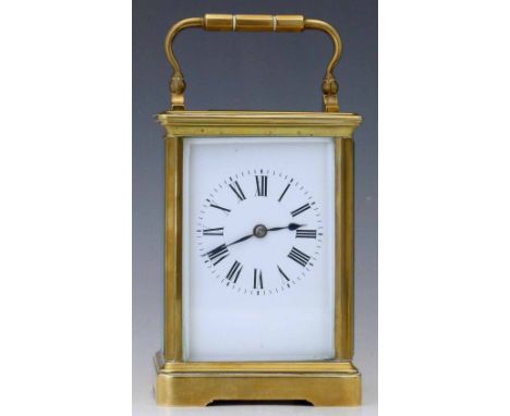 French brass carriage clock, early 20th century, corniche case, white enamel Roman dial, eight day movement "Made in France" 