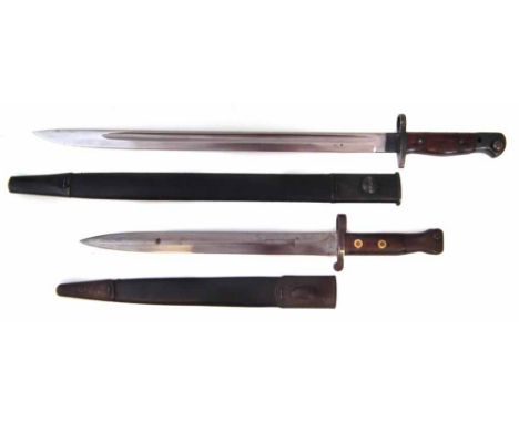 1888 pattern Lee Metford rifle bayonet and scabbard by Wilkinson, dated 12 '97, also a S.M.L.E. rifle bayonet by Vickers date